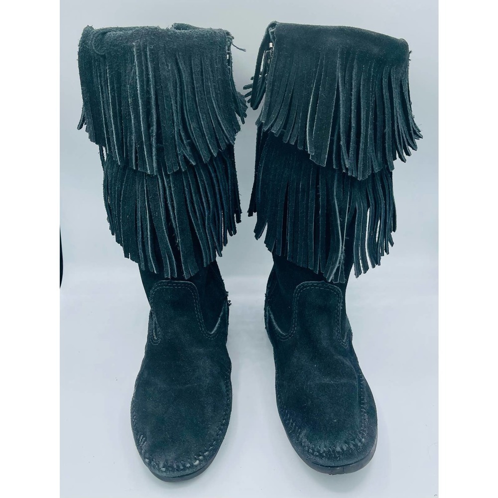 Minnetonka 2-Layer Fringe Boot Size 7 Women's Bla… - image 1